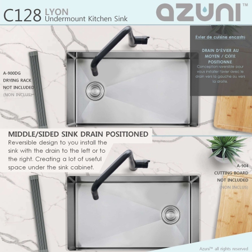 AZUNI 28"L x 18"W Stainless Steel Single Bowl Undermount 16G Reversible Kitchen Sink with Grid and Basket Strainer C128