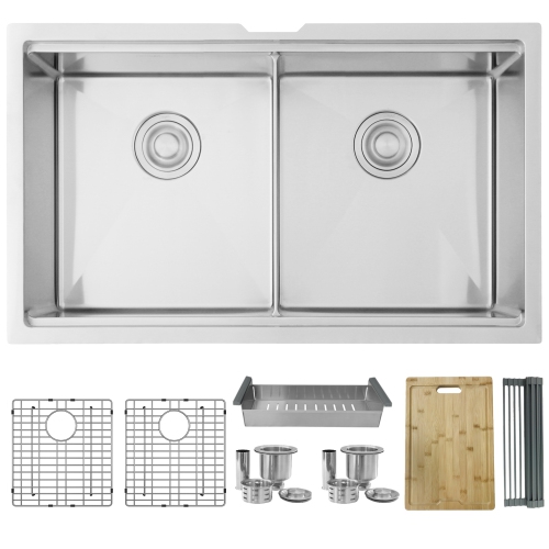 Stylish Undermount Workstation 32" Double Bowl 16 Gauge Stainless Steel Kitchen Sink with built-in Accessories, S-601W