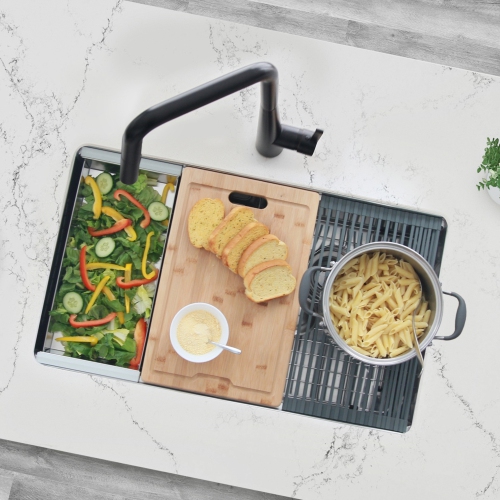 Stylish Undermount Workstation 32" Double Bowl 16 Gauge Stainless Steel Kitchen Sink with built-in Accessories, S-601W