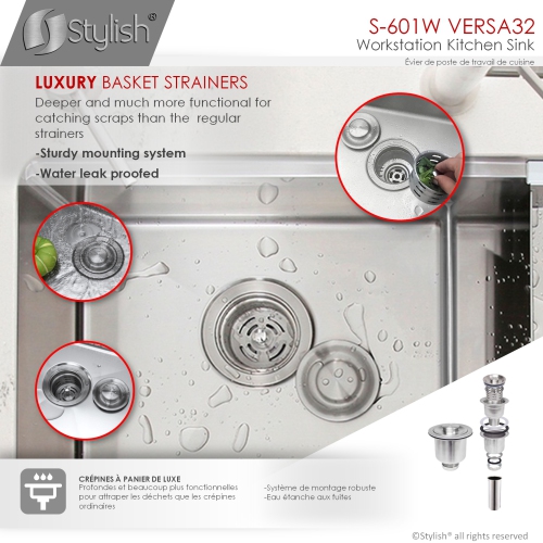 Stylish Undermount Workstation 32" Double Bowl 16 Gauge Stainless Steel Kitchen Sink with built-in Accessories, S-601W