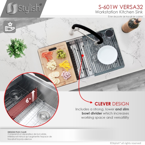 Stylish Undermount Workstation 32" Double Bowl 16 Gauge Stainless Steel Kitchen Sink with built-in Accessories, S-601W