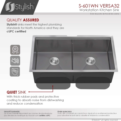 Stylish Undermount Workstation 32" Graphite Black Double Bowl 16 Gauge Stainless Steel Kitchen Sink with built-in Accessories, S-601WN