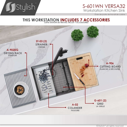 Stylish Undermount Workstation 32" Graphite Black Double Bowl 16 Gauge Stainless Steel Kitchen Sink with built-in Accessories, S-601WN