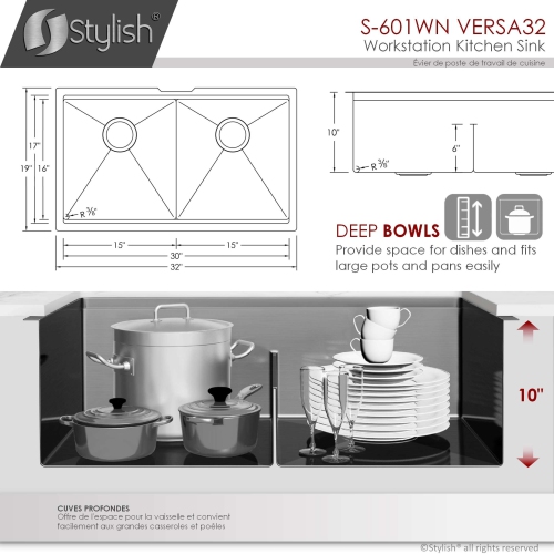 Stylish Undermount Workstation 32" Graphite Black Double Bowl 16 Gauge Stainless Steel Kitchen Sink with built-in Accessories, S-601WN