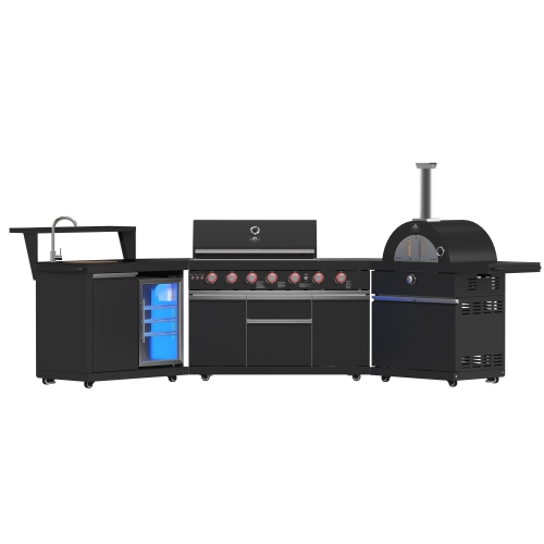 Ensemble de cuisine d'extérieur Forno All'Aperto avec barbecue 87 600 BTU, module d'évier et de bar, four à pizza au gaz, comptoirs en