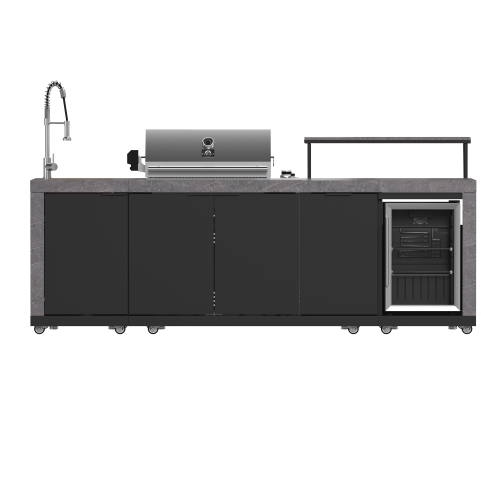 Forno Rimini Outdoor Kitchen 30" BBQ 62,600 BTU, 3 Burners with Sear & Rotisserie, 2.4 cu.ft. Beverage Center, Stainless Steel Sink, Black Cabinets &