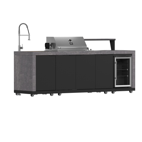 Forno Rimini Outdoor Kitchen 30" BBQ 62,600 BTU, 3 Burners with Sear & Rotisserie, 2.4 cu.ft. Beverage Center, Stainless Steel Sink, Black Cabinets &