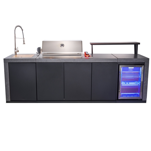 Forno Rimini Outdoor Kitchen 30" BBQ 62,600 BTU, 3 Burners with Sear & Rotisserie, 2.4 cu.ft. Beverage Center, Stainless Steel Sink, Black Cabinets &