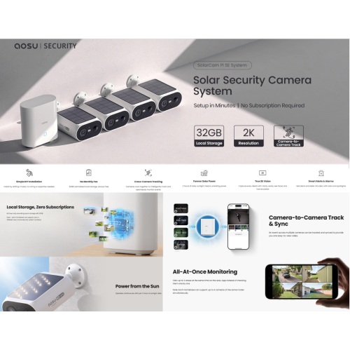 Aosu C8E-4H 3MP Solar-Powered Dual Band Wi-Fi Cameras Kit with 2-Way Audio, Auto Cross-Tracking Function, Color Night Vision, AI Alerts & Alarms and