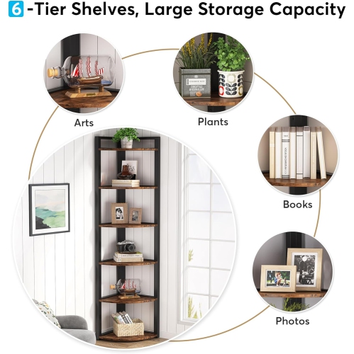 Tribesigns 6 Tier Corner Shelf, 70.9 Inch Tall Corner Bookshelf Small Bookcase Rustic Corner Shelving Unit Storage Rack for Living Room, Home Office,