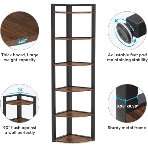 Tribesigns 6 Tier Corner Shelf, 70.9 Inch Tall Corner Bookshelf Small Bookcase Rustic Corner Shelving Unit Storage Rack for Living Room, Home Office,
