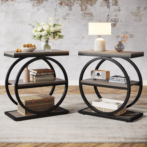 Tribesigns End Table Set of 2, Narrow End Table with 3 Storage Shelves, Wood Side Table with Black Metal Frames