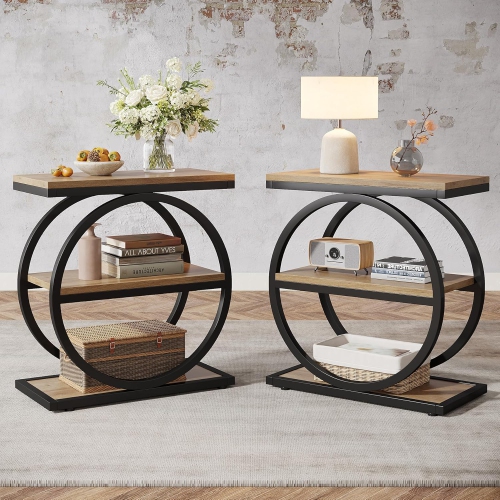 Tribesigns End Table Set of 2, Narrow End Table with 3 Storage Shelves, Wood Side Table with Black Metal Frames
