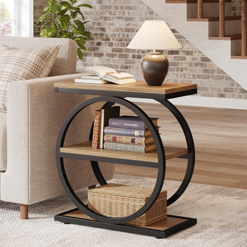 Tribesigns End Table Set of 2, Narrow End Table with 3 Storage Shelves, Wood Side Table with Black Metal Frames