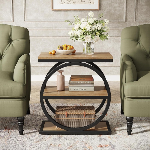 Tribesigns End Table Set of 2, Narrow End Table with 3 Storage Shelves, Wood Side Table with Black Metal Frames