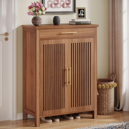 Tribesigns Shoe Cabinet, 5-Tier Shoe Storage Cabinet with Louvered Doors and Drawer, Freestanding Wooden Shoe Rack Organizer with Adjustable Shelves