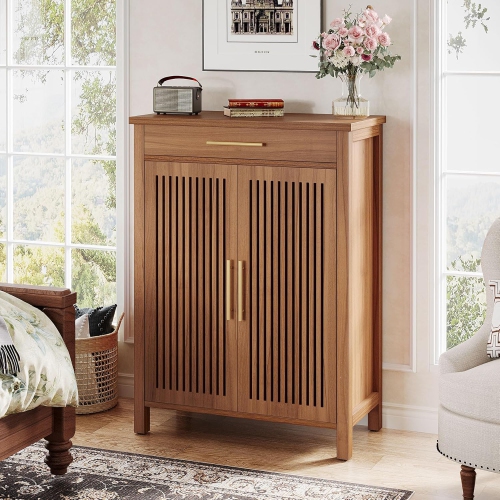 Tribesigns Shoe Cabinet, 5-Tier Shoe Storage Cabinet with Louvered Doors and Drawer, Freestanding Wooden Shoe Rack Organizer with Adjustable Shelves