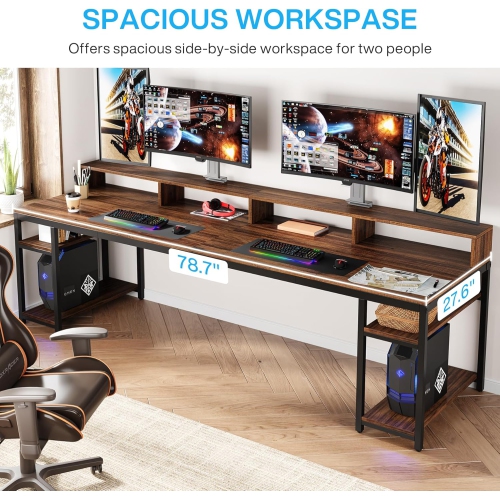 Tribesigns Two Person Desk with Monitor Stand, 78.74" Long Double Computer Office Desk with Storage Shelves