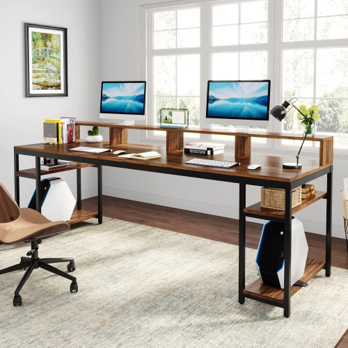 Tribesigns Two Person Desk with Monitor Stand, 78.74" Long Double Computer Office Desk with Storage Shelves