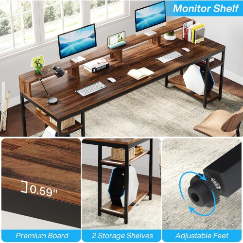 Tribesigns Two Person Desk with Monitor Stand, 78.74" Long Double Computer Office Desk with Storage Shelves