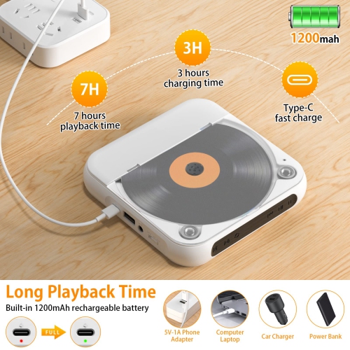 Haut-parleur Bluetooth portatif Lecteur stéréo LED, qualité sonore HIFI, lecteur CD avec batterie rechargeable intégrée de 2000 mAh