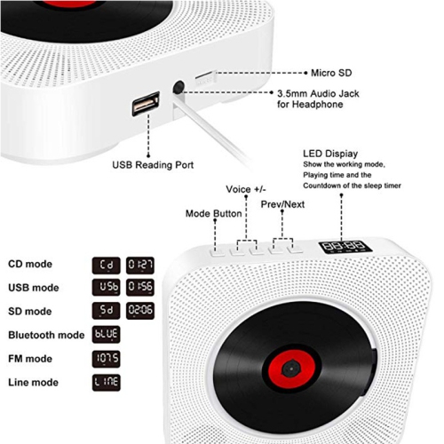 Lecteur CD portatif avec lecteur de CD Bluetooth mural Audio pour la maison Radio FM Prise pour écouteurs MP3 intégrée
