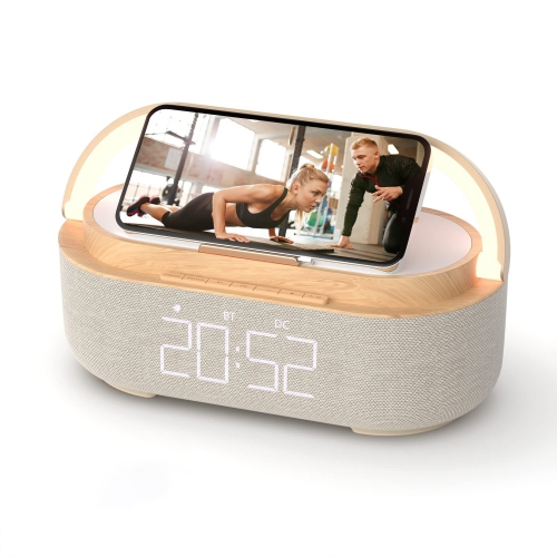 Bluetooth Speaker Alarm Clock with Wireless Charger, LED Night Light, 1800mAh Battery for Bedroom, Home