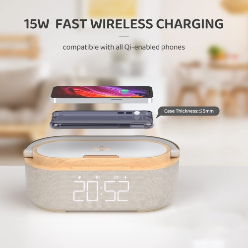 Bluetooth Speaker Alarm Clock with Wireless Charger, LED Night Light, 1800mAh Battery for Bedroom, Home