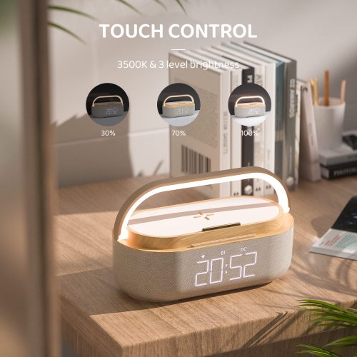 Bluetooth Speaker Alarm Clock with Wireless Charger, LED Night Light, 1800mAh Battery for Bedroom, Home