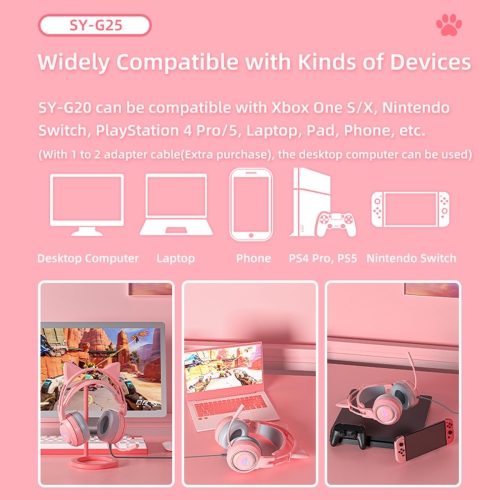 Cat Ear Headphones Pink Gaming Headset with Mic Suit for Switch Xbox One PS4 PS5 Cute Children Girl Kids Wired Headphones