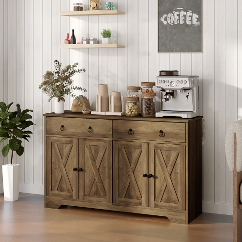 HOMCOM – Buffet avec rangement, armoire de cuisine de 48&nbsp;po avec 2 tiroirs et 4 portes de grange, armoire de bar à café Farmhouse, brun clair