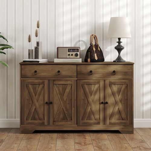 HOMCOM – Buffet avec rangement, armoire de cuisine de 48&nbsp;po avec 2 tiroirs et 4 portes de grange, armoire de bar à café Farmhouse, brun clair