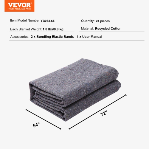VEVOR 72" x 54" Moving Blankets,21 lbs/dz Weight, 24 Packs, Professional Recycled Cotton Packing Blanket, Large Heavy Duty Shipping Mover Pads