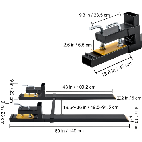VEVOR 43" Pallet Forks, 2000 lbs Clamp on Pallet Forks,Total Length Heavy Duty Pallet Forks with Adjustable Stabilizer bar, Tractor Bucket Forks for