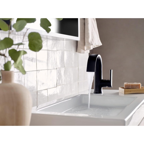 Moen – Robinet de salle de bain à effet laminaire haut à une poignée, collection Doux, noir mat