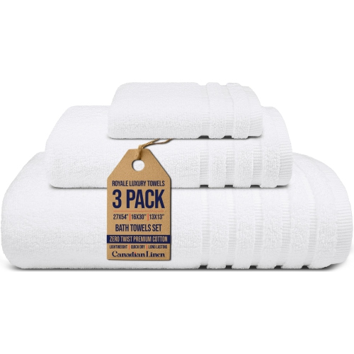 Canadian Linen Royale Towels, Pack of 3, Cotton Soft Absorbent Lightweight Quick Dry Towels for Spa Salon Gym Hotel, White