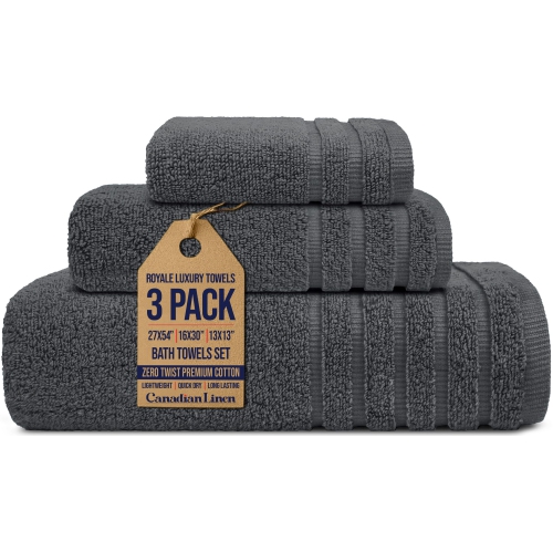 Canadian Linen Royale Towels, Pack of 3, Soft Absorbent Cotton Lightweight Quick Dry Towel for Home Spa Salon Gym, Dark Grey