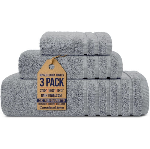 Canadian Linen Royale Towels, Pack of 3, Soft Absorbent Cotton Lightweight Quick Dry Towels for Home Salon Gym, Light Grey