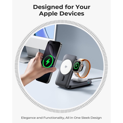Station de chargement sans fil 3-en-1 15&nbsp;W Support de voyage pliable rapide MagSafe pour iPhone, chargeur magnétique pour Apple Watch/AirPods