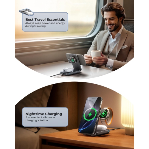 Station de chargement sans fil 3-en-1 15&nbsp;W Support de voyage pliable rapide MagSafe pour iPhone, chargeur magnétique pour Apple Watch/AirPods