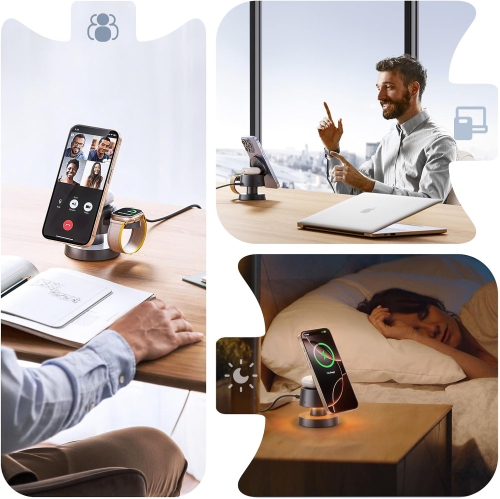 4 in 1Mag-safe Magnetic 15W Fast Wireless Charger Station Compatible with iPhone,Wireless Charger Stand with Night-Lamp for Apple iWatch/AirPods