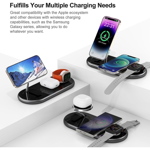 3 in 1 Charging Station for Apple Devices, Faster Mag-Safe Charger Stand, Magnetic Wireless Charger Station for iPhone Series/iWatch/AirPods
