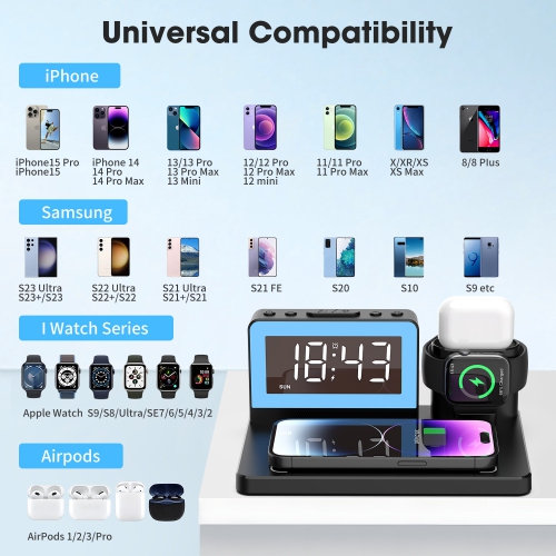 5 in 1 Bedside Wireless Charging Station with Alarm Clock and 7 Color Night Light for Magsafe for iPhone /Apple Watch /Airpod