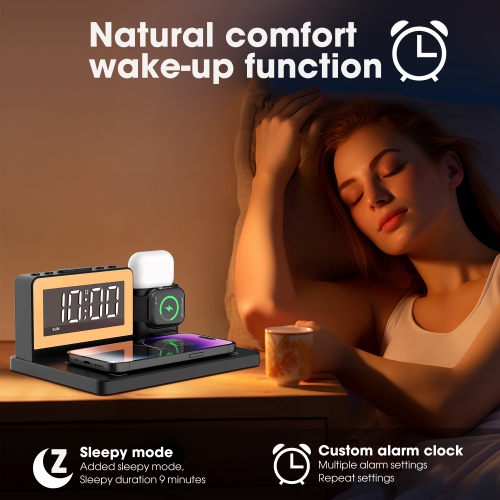 5 in 1 Bedside Wireless Charging Station with Alarm Clock and 7 Color Night Light for Magsafe for iPhone /Apple Watch /Airpod