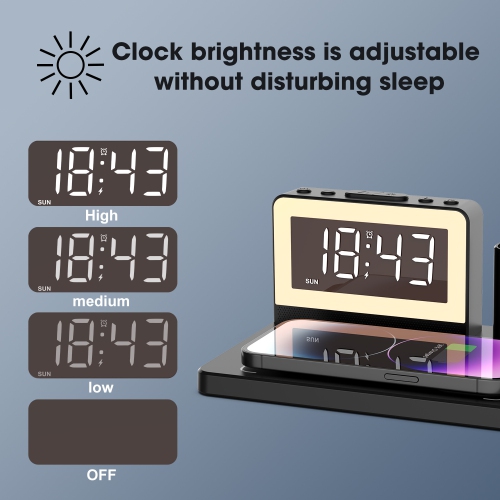 5 in 1 Bedside Wireless Charging Station with Alarm Clock and 7 Color Night Light for Magsafe for iPhone /Apple Watch /Airpod
