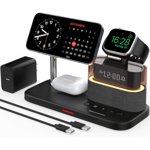 5 in 1 Wireless Charger for Apple Multiple Devices,Bedside Night Light Mag-Safe Charging Station for iPhone ,Apple Watch,Air-Pods(Black)