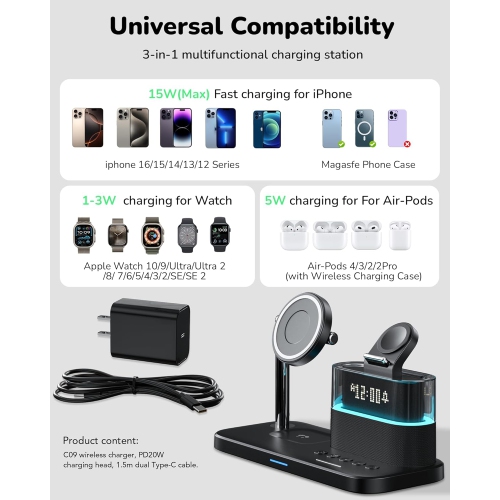 5 in 1 Wireless Charger for Apple Multiple Devices,Bedside Night Light Mag-Safe Charging Station for iPhone ,Apple Watch,Air-Pods(Black)