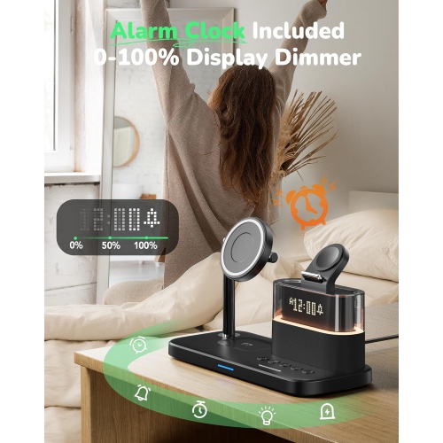 5 in 1 Wireless Charger for Apple Multiple Devices,Bedside Night Light Mag-Safe Charging Station for iPhone ,Apple Watch,Air-Pods(Black)