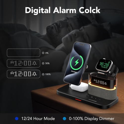 5 in 1 Wireless Charger for Apple Multiple Devices,Bedside Night Light Mag-Safe Charging Station for iPhone ,Apple Watch,Air-Pods(Black)