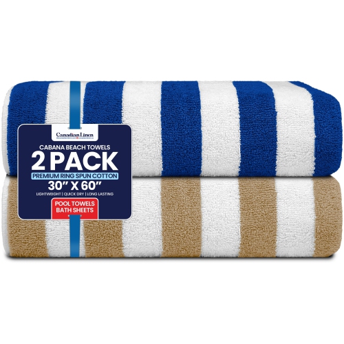 Canadian Linen Cabana Stripe Beach Towels Set, 2 Pack, 30"x60" Cotton Soft Absorbent Soft Quick Dry Lightweight Pool Towel for Resorts, Grey & Beige